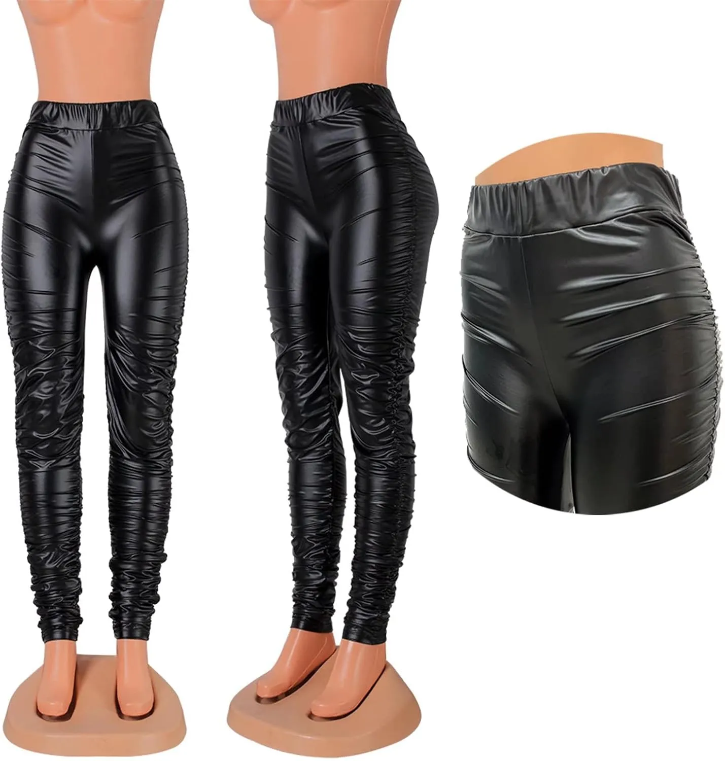 Mintsnow Women's Leather Pants Elastic High Waisted Ruched Leggings Tights Trousers with Slit