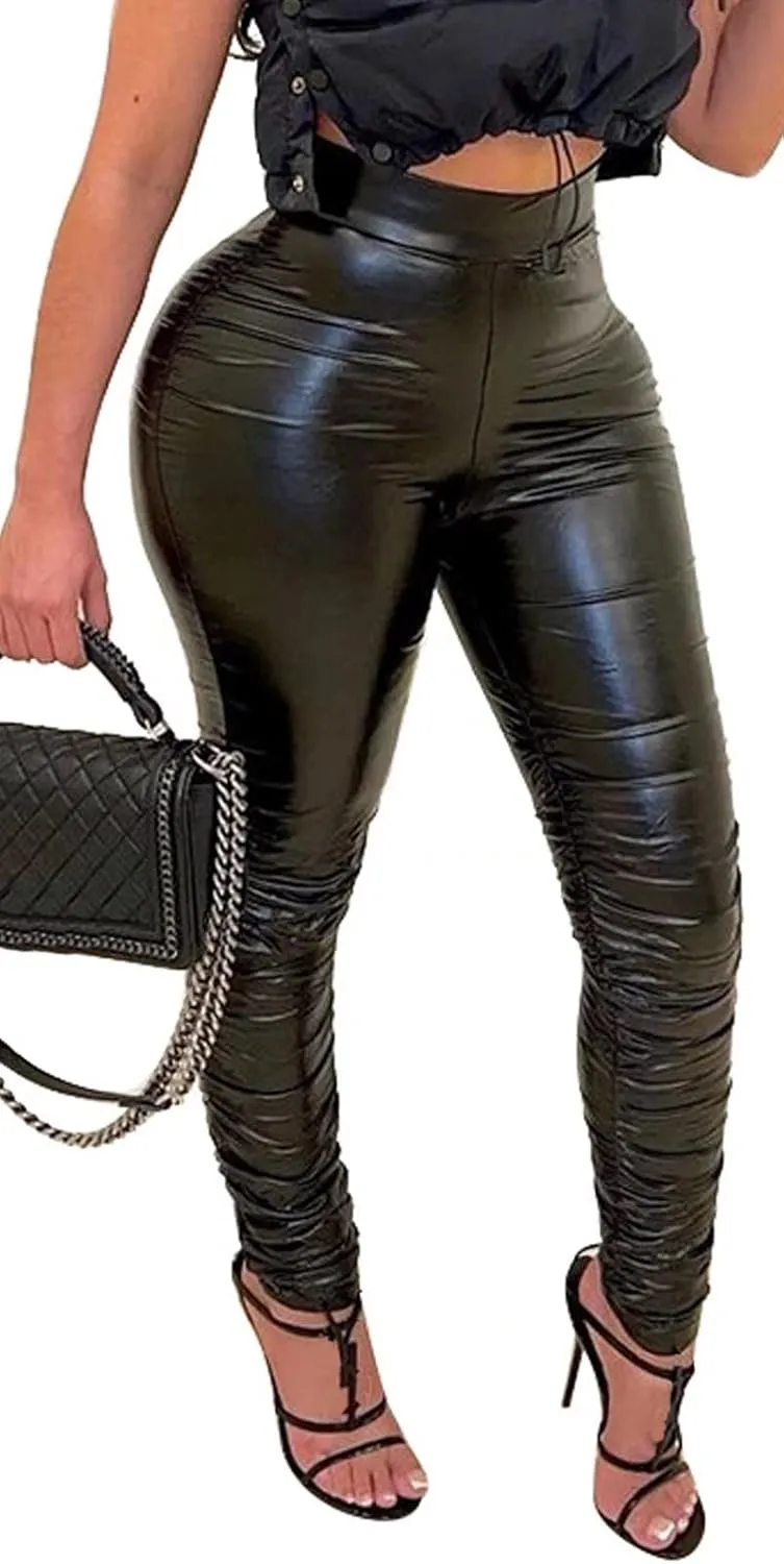 Mintsnow Women's Leather Pants Elastic High Waisted Ruched Leggings Tights Trousers with Slit