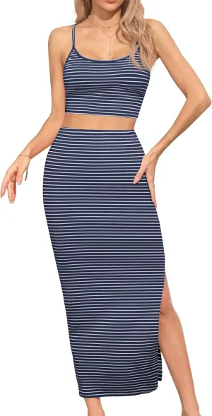 Missufe Women's 2 Piece Outfits Striped Cami Crop Top and Slit Maxi Pencil Skirt Summer Beach Set