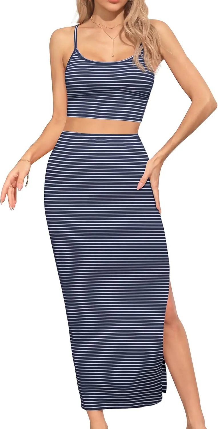 Missufe Women's 2 Piece Outfits Striped Cami Crop Top and Slit Maxi Pencil Skirt Summer Beach Set