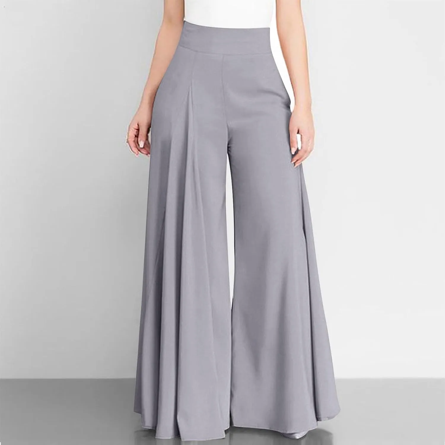 Miyaomn Trendy Flowy Pants for Women Casual High Waist Wide Leg Palazzo Pants Pleated Front Dress Trousers Plus Size Culottes