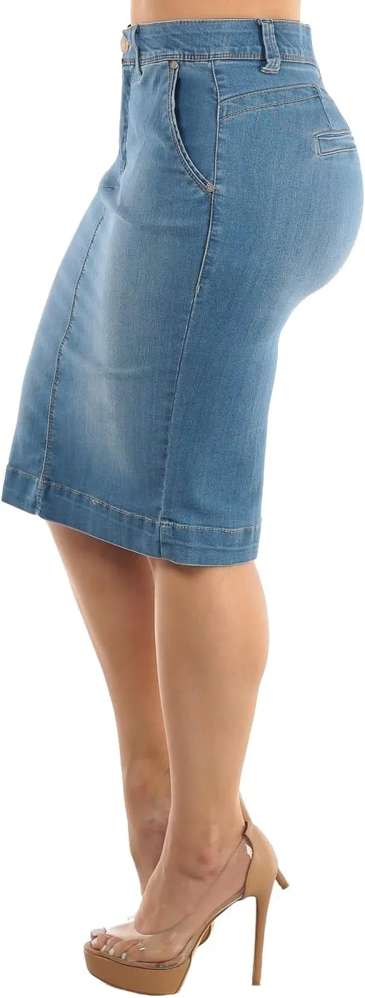 Moda Xpress Women's Stretchy Butt Lifting High Waisted Slim Fit Stylish Knee Length Soft Denim Pencil Skirt