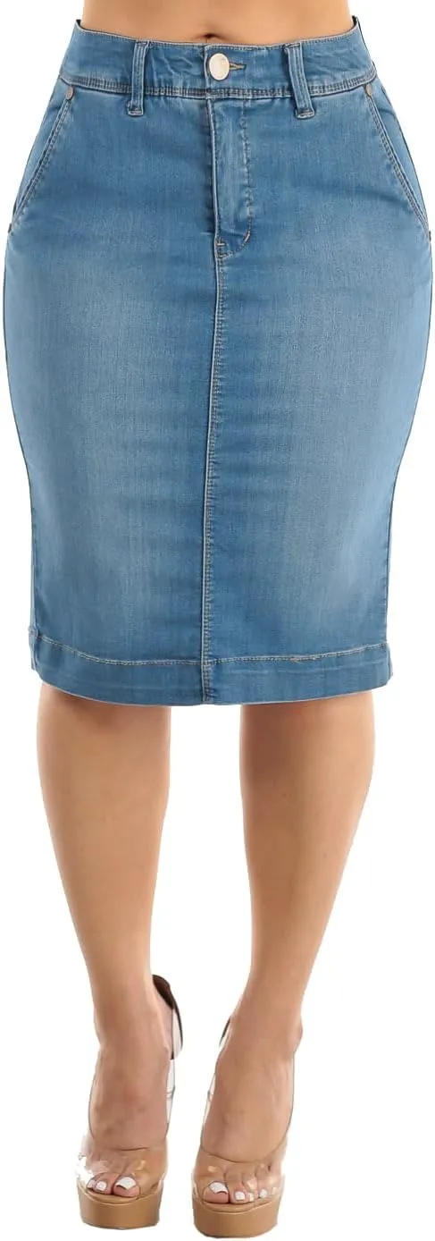 Moda Xpress Women's Stretchy Butt Lifting High Waisted Slim Fit Stylish Knee Length Soft Denim Pencil Skirt