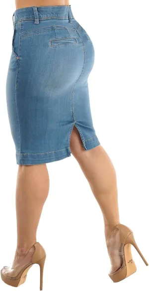 Moda Xpress Women's Stretchy Butt Lifting High Waisted Slim Fit Stylish Knee Length Soft Denim Pencil Skirt
