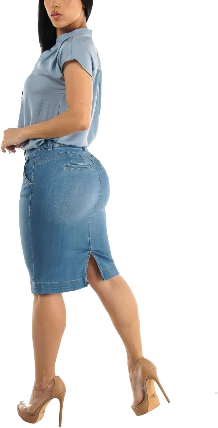 Moda Xpress Women's Stretchy Butt Lifting High Waisted Slim Fit Stylish Knee Length Soft Denim Pencil Skirt