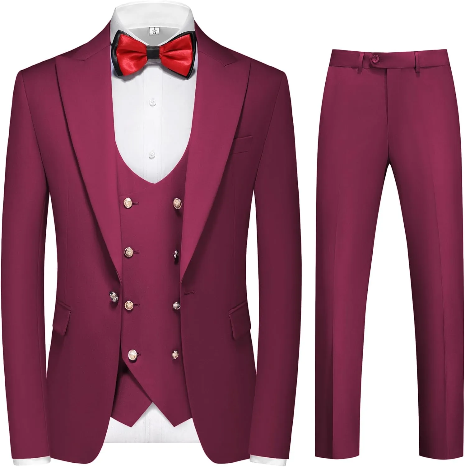 MOGU Mens Suits Gold Buttons 3 Piece Slim Fit Tuxedo Suit Set Blazer Vest Pants for Wedding Prom