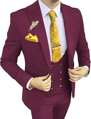 MOGU Mens Suits Gold Buttons 3 Piece Slim Fit Tuxedo Suit Set Blazer Vest Pants for Wedding Prom