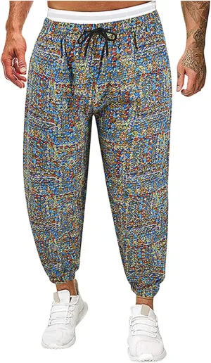 Muscularfit Mens Pants Expandable Waist Cotton Linen Fashion Print Drop Crotch Wide Leg Harem Pant Casual Loose Trousers 2023