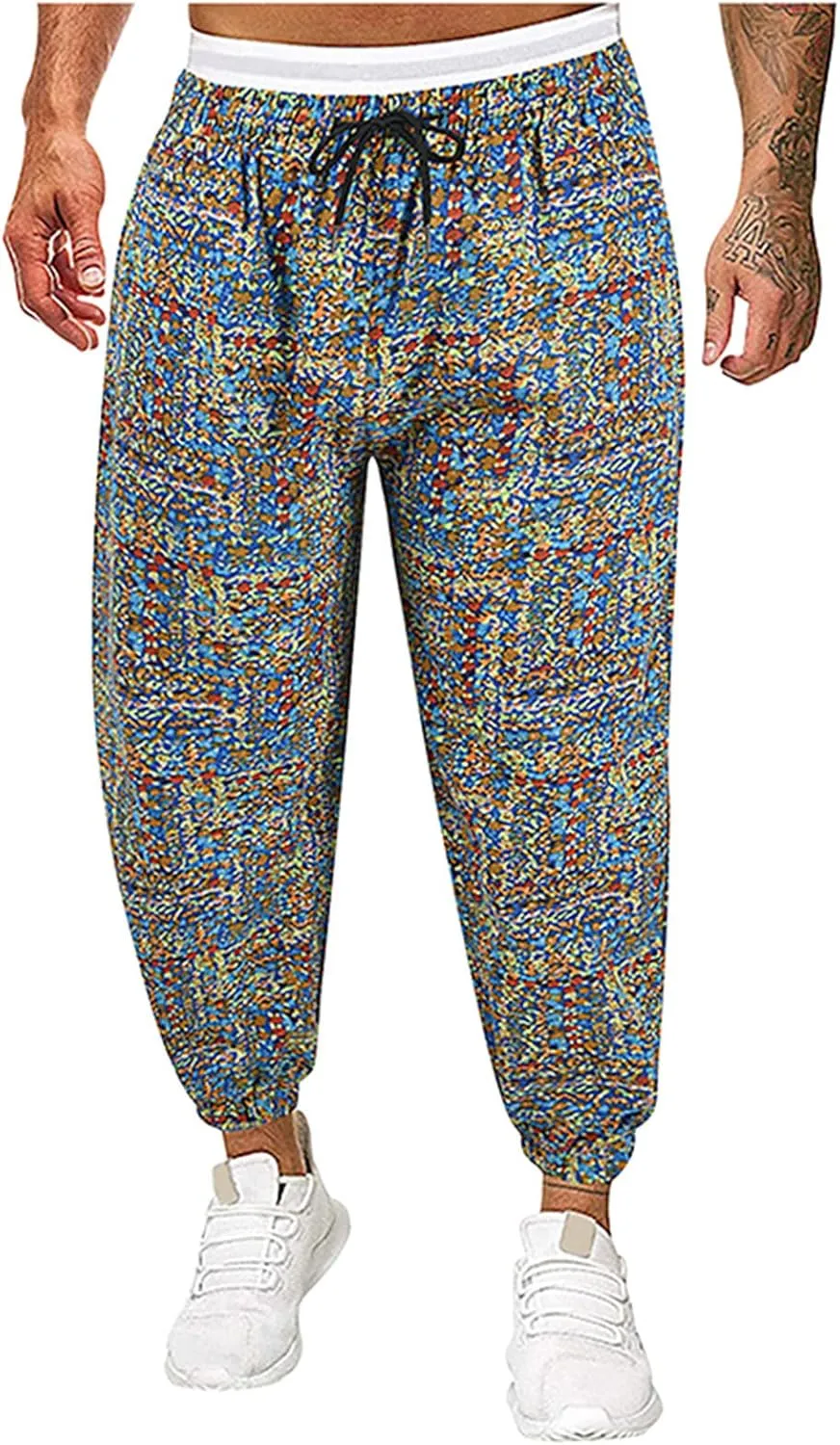 Muscularfit Mens Pants Expandable Waist Cotton Linen Fashion Print Drop Crotch Wide Leg Harem Pant Casual Loose Trousers 2023