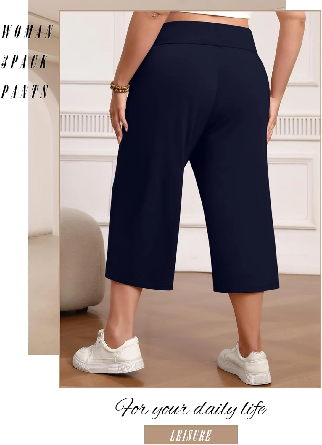 Neer 3 Pack Women's Capris Plus Size Yoga Lounge Pants Wide Leg High Waist Drawstring Cropped Cotton Sweatpants with Pockets