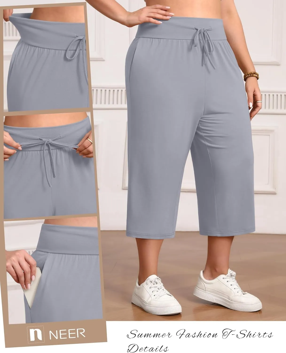 Neer 3 Pack Women's Capris Plus Size Yoga Lounge Pants Wide Leg High Waist Drawstring Cropped Cotton Sweatpants with Pockets