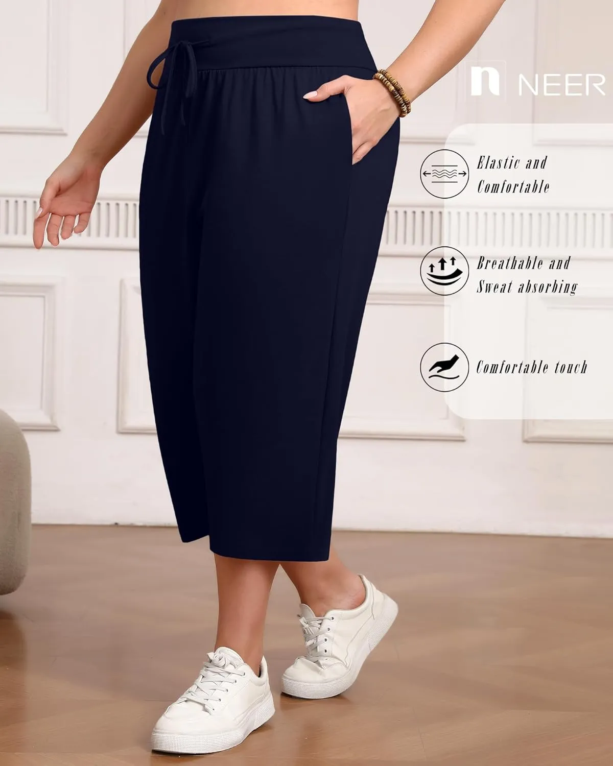 Neer 3 Pack Women's Capris Plus Size Yoga Lounge Pants Wide Leg High Waist Drawstring Cropped Cotton Sweatpants with Pockets