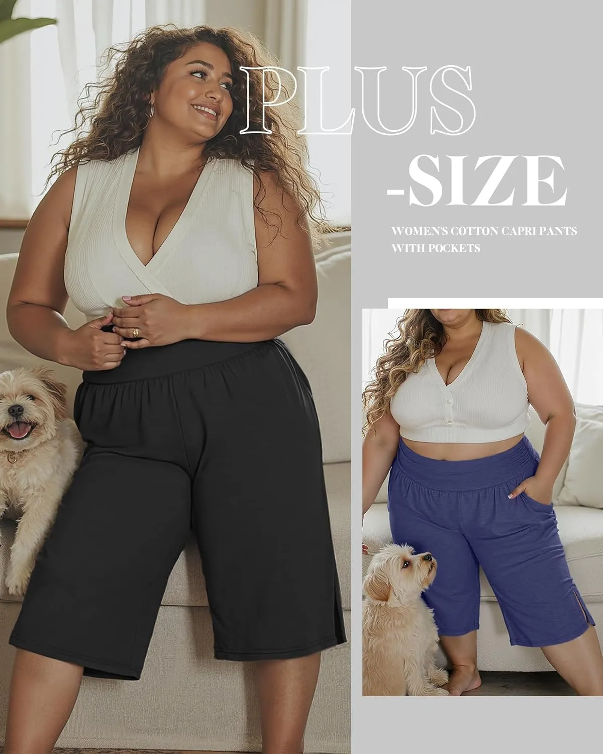 Neer 3 Pack Women's Plus Size Cotton Capri Pants High Waisted Wide Leg Loose Lounge Yoga Cropped Sweatpants with Pockets
