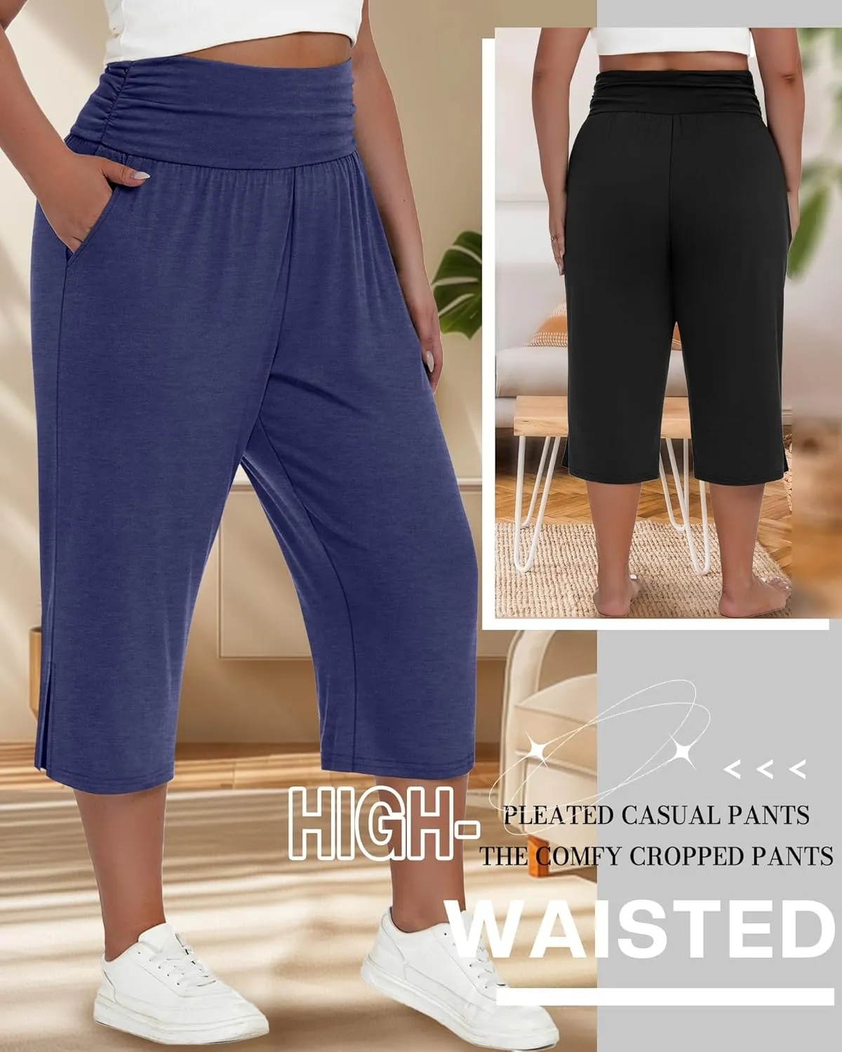 Neer 3 Pack Women's Plus Size Cotton Capri Pants High Waisted Wide Leg Loose Lounge Yoga Cropped Sweatpants with Pockets