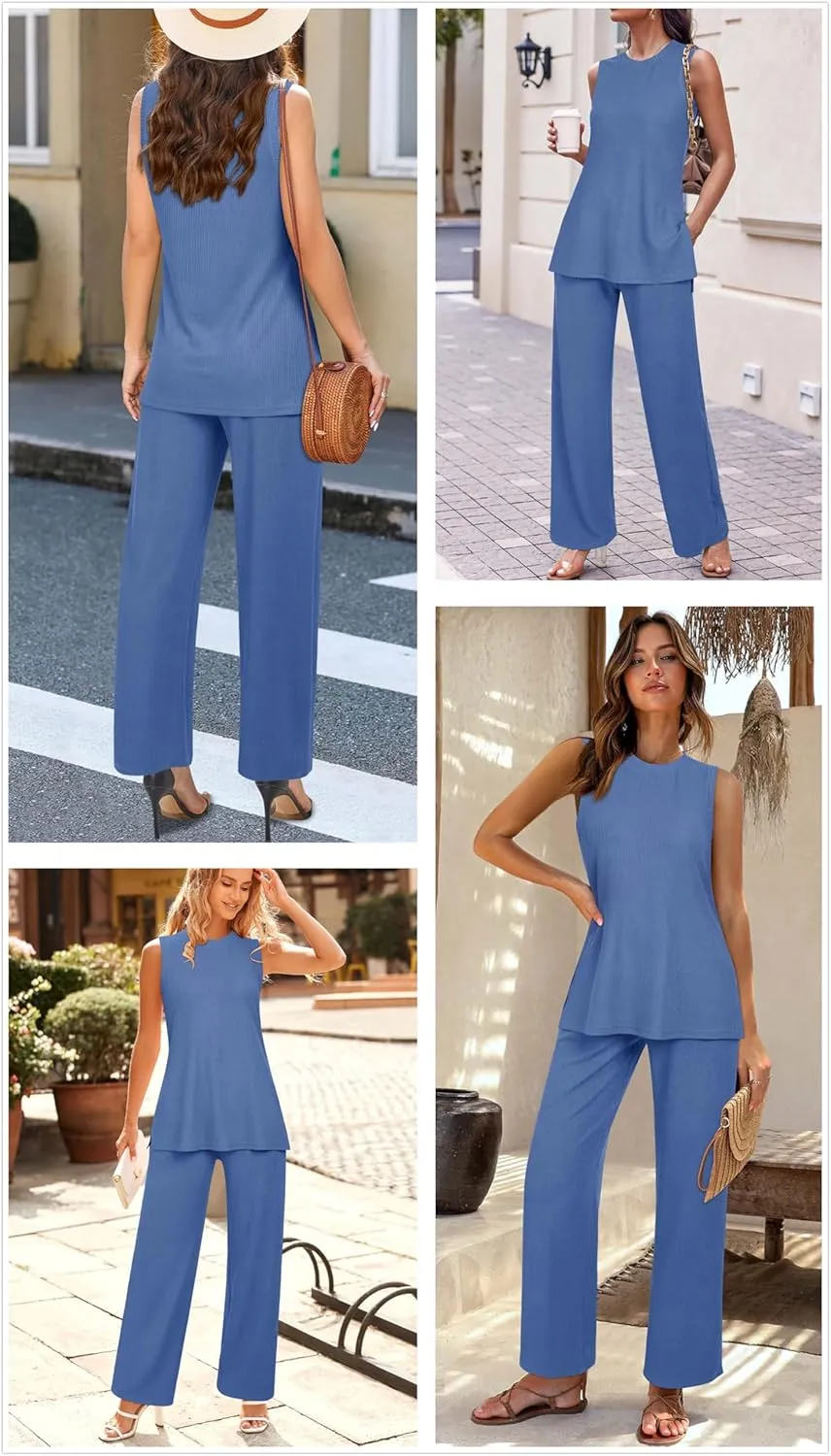 Newshows Womens Summer 2 Piece Outfits Ribbed Knit Tank Tops Wide Leg Pants Lounge Set Matching Tracksuit 2024 Spring Fashion