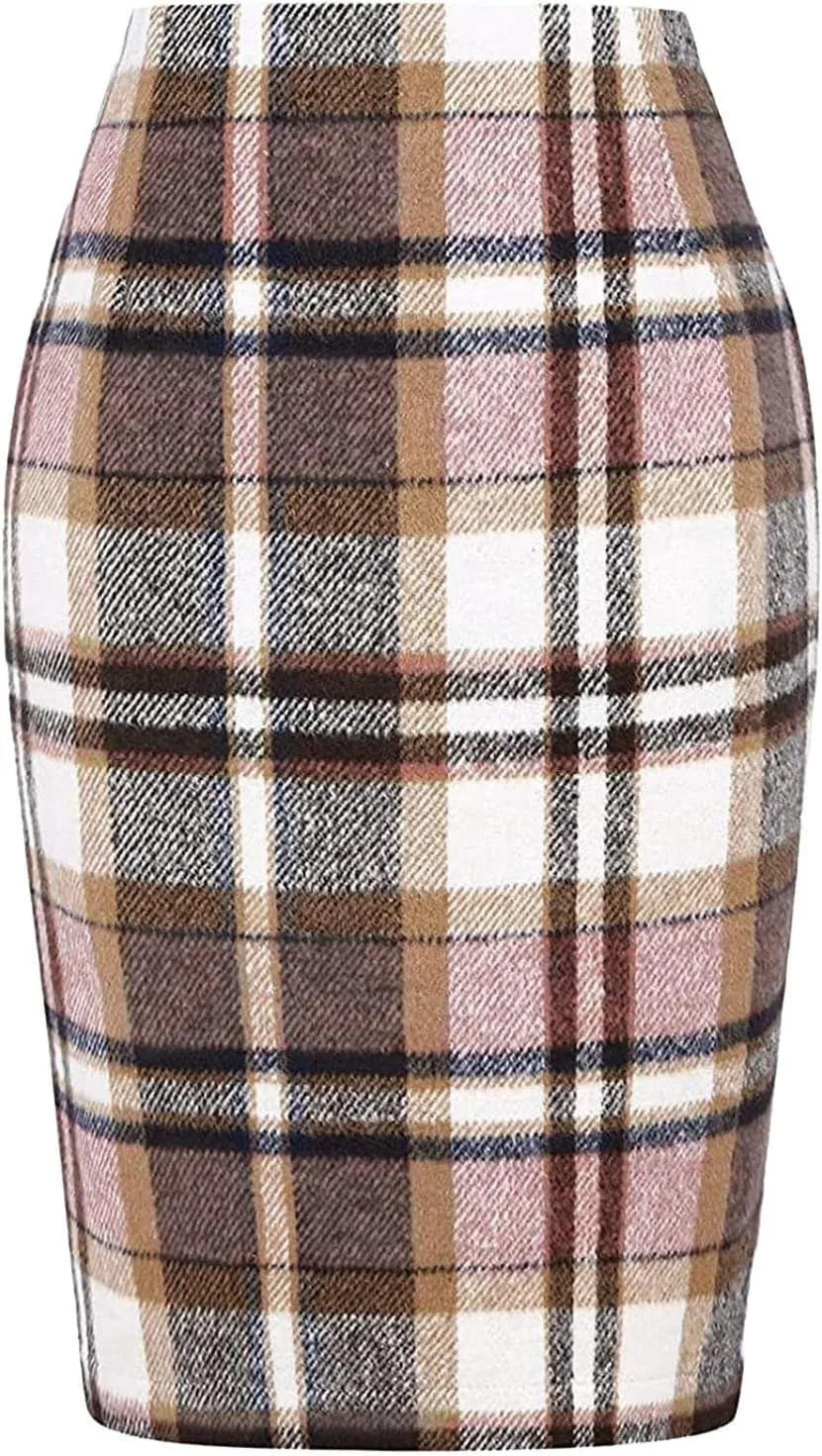 Pencil Plaid Skirts for Women Fall Winter High Waisted Dancing Girls Tutu Skirts Bodycon Knee Length Midi Skirt with Slit