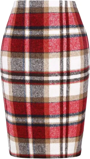 Pencil Plaid Skirts for Women Fall Winter High Waisted Dancing Girls Tutu Skirts Bodycon Knee Length Midi Skirt with Slit