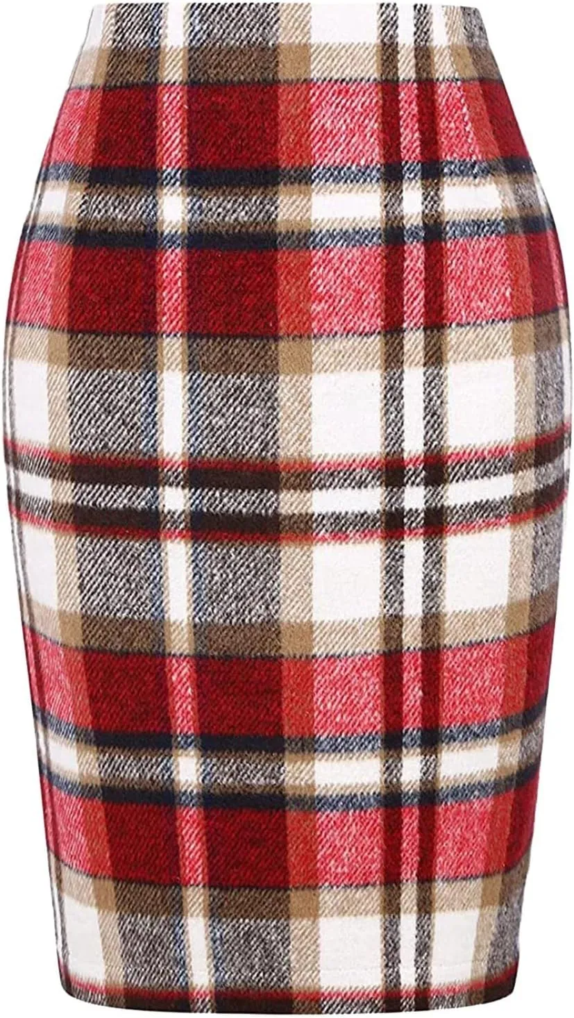 Pencil Plaid Skirts for Women Fall Winter High Waisted Dancing Girls Tutu Skirts Bodycon Knee Length Midi Skirt with Slit