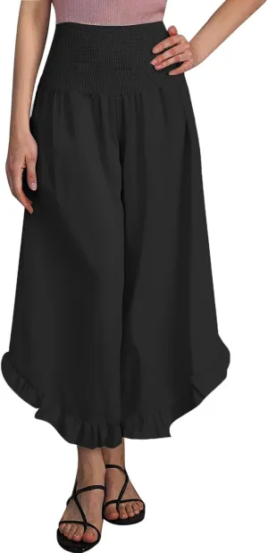 Photno Palazzo Pants for Women Wide Leg Linen Boho High Waist Ruffle Trouser Flowy Summer Resort Wear Vacation Beach Pants