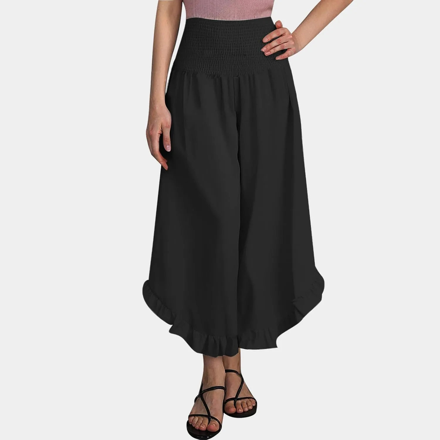 Photno Palazzo Pants for Women Wide Leg Linen Boho High Waist Ruffle Trouser Flowy Summer Resort Wear Vacation Beach Pants