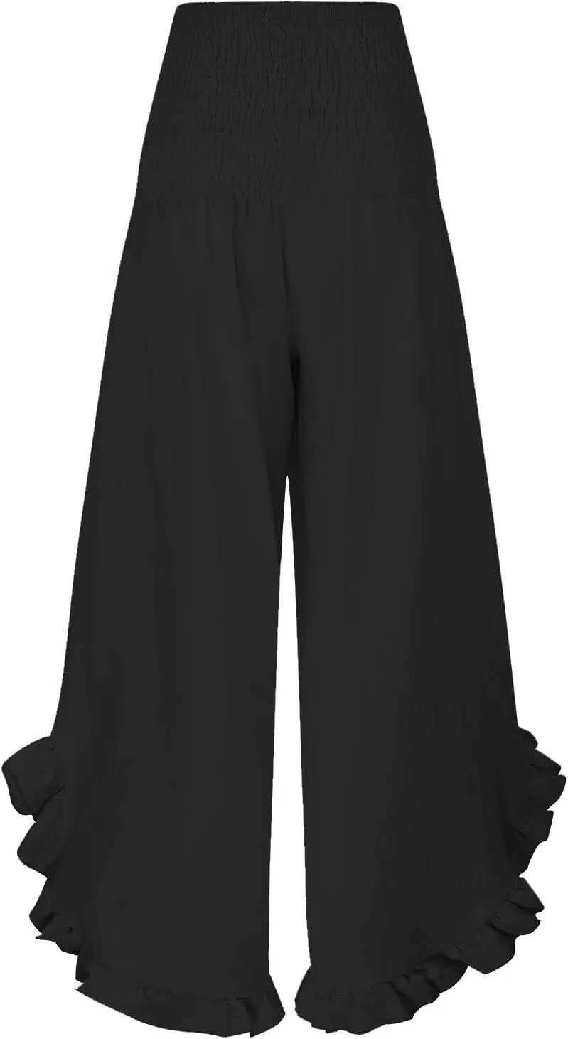Photno Palazzo Pants for Women Wide Leg Linen Boho High Waist Ruffle Trouser Flowy Summer Resort Wear Vacation Beach Pants