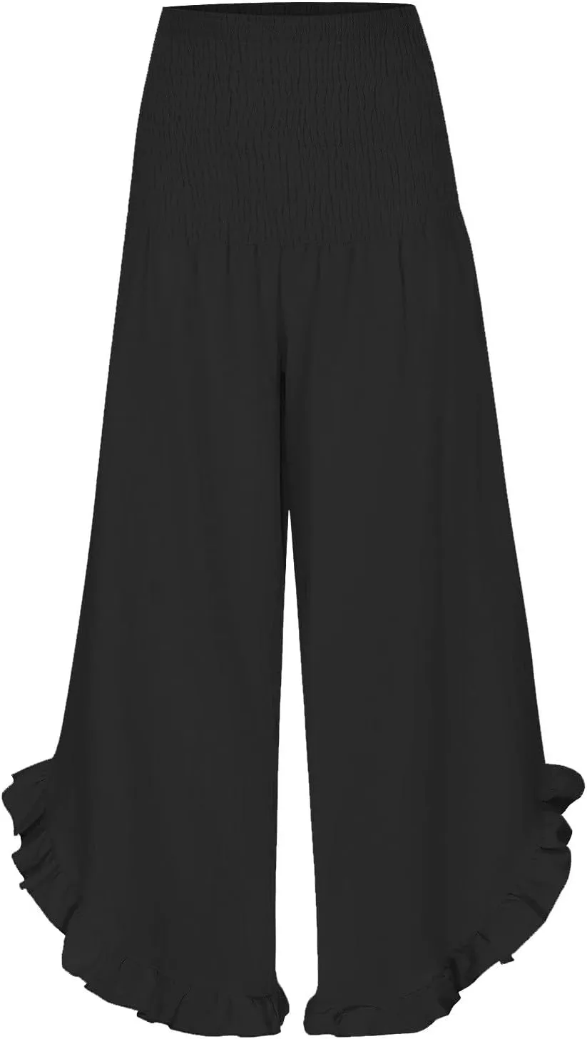 Photno Palazzo Pants for Women Wide Leg Linen Boho High Waist Ruffle Trouser Flowy Summer Resort Wear Vacation Beach Pants