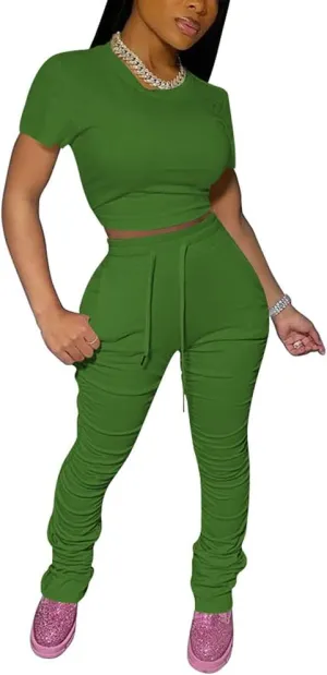 PINSV Women's 2 Piece Outfits Bodycon Lounge Wear Crop Top Stacked Pants Going Out Jogging Tracksuit Sets