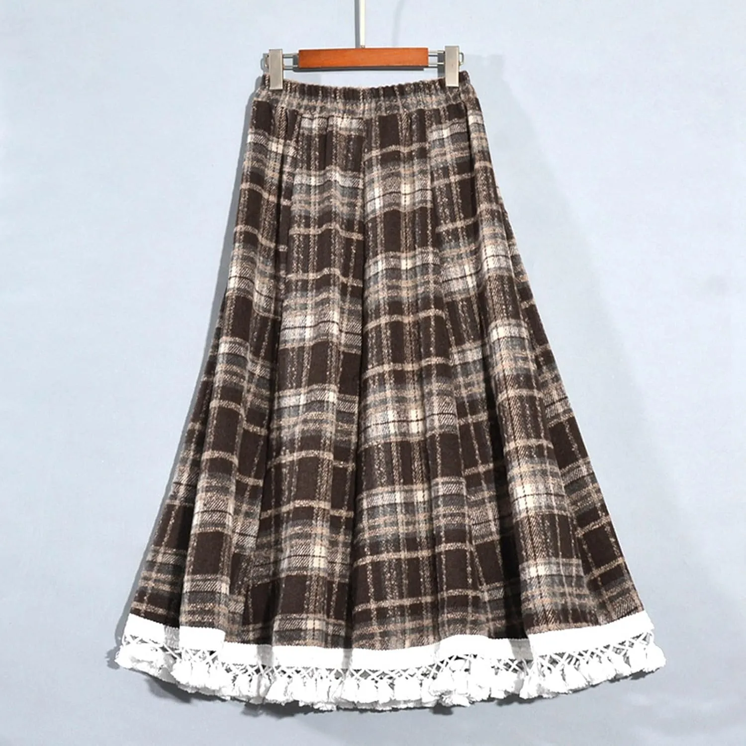 Plaid Skirt for Womens Elastic High Waisted A-Line Pleated Long Skirts 2025 Fashion Loose Vintage Knee Length Skirts