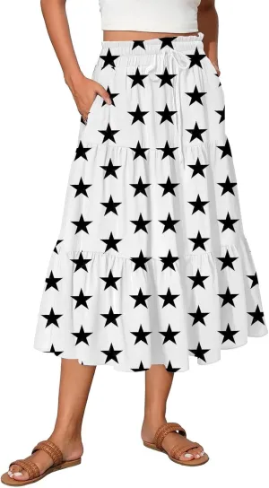 Pleated Casual A Line Midi Skirt Boho Floral Printed Length Skirts for Women Trendy Summer Elastic Waist Skirt