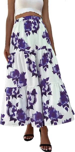 Pleated Maxi Skirt Casual Flowy Swing Summer Women's Skirt High Waist Boho Floral Print A Line Girls Beach Long Skirts Teen Purple