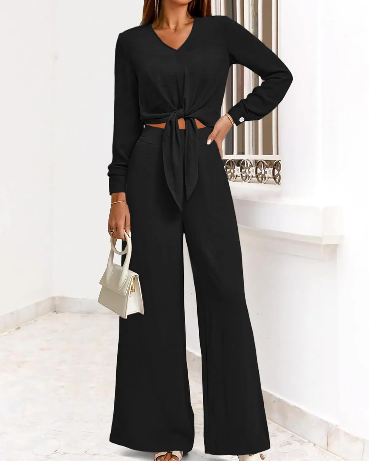 PRETTYGARDEN Women's 2 Piece Outfits 2025 Spring Casual V Neck Long Sleeve Strappy Crop Top Wide Leg Palazzo Pant Sets