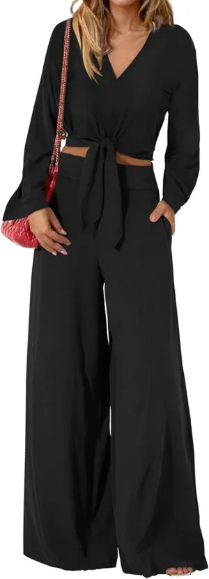 PRETTYGARDEN Women's 2 Piece Outfits 2025 Spring Casual V Neck Long Sleeve Strappy Crop Top Wide Leg Palazzo Pant Sets