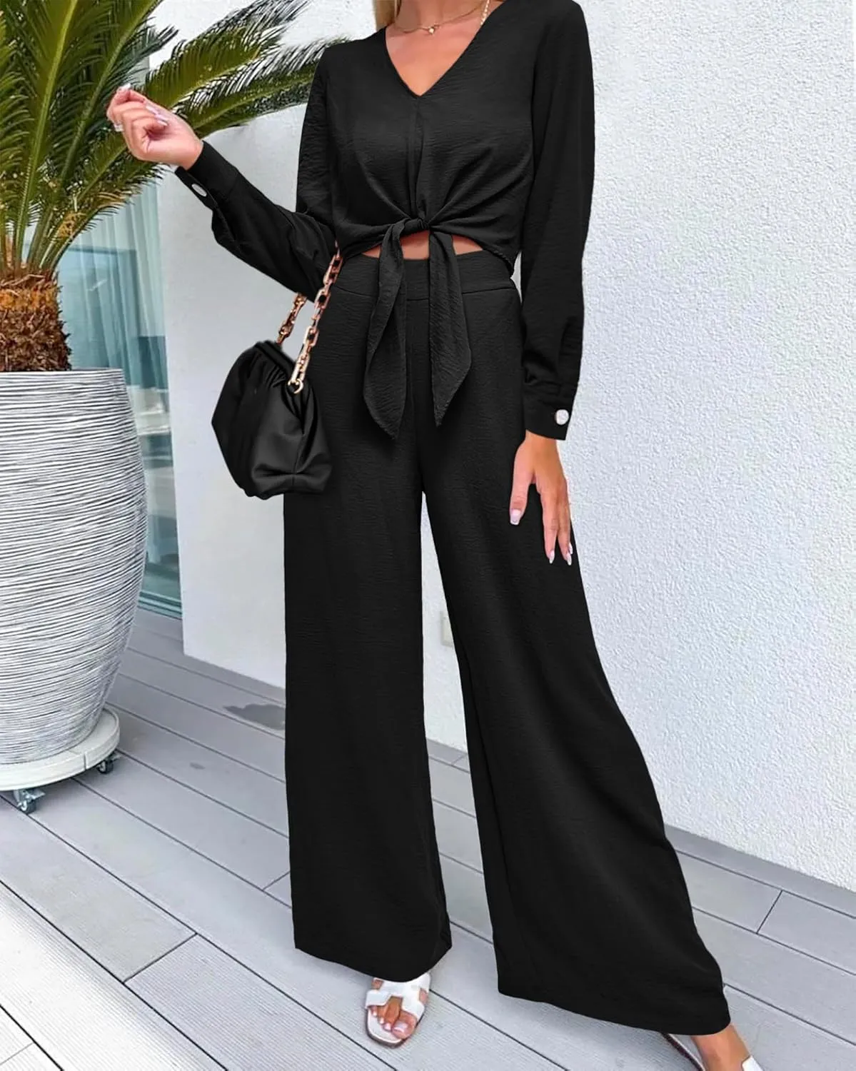 PRETTYGARDEN Women's 2 Piece Outfits 2025 Spring Casual V Neck Long Sleeve Strappy Crop Top Wide Leg Palazzo Pant Sets