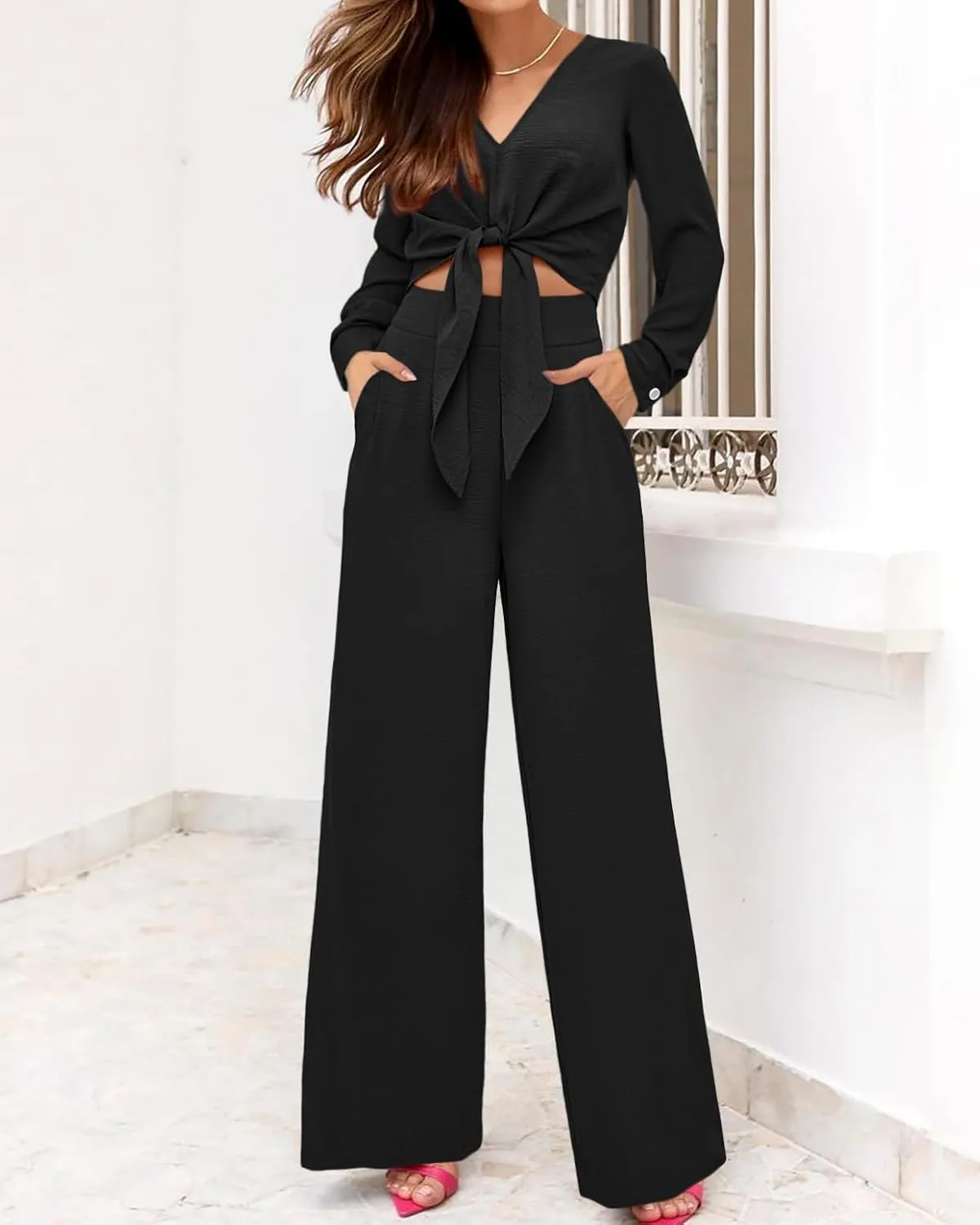 PRETTYGARDEN Women's 2 Piece Outfits 2025 Spring Casual V Neck Long Sleeve Strappy Crop Top Wide Leg Palazzo Pant Sets