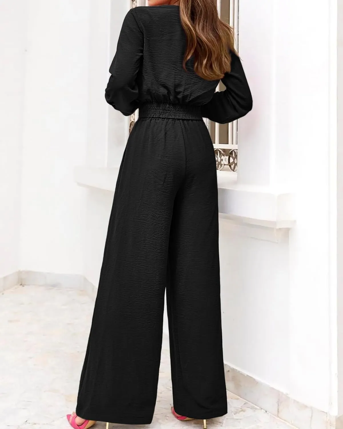PRETTYGARDEN Women's 2 Piece Outfits 2025 Spring Casual V Neck Long Sleeve Strappy Crop Top Wide Leg Palazzo Pant Sets