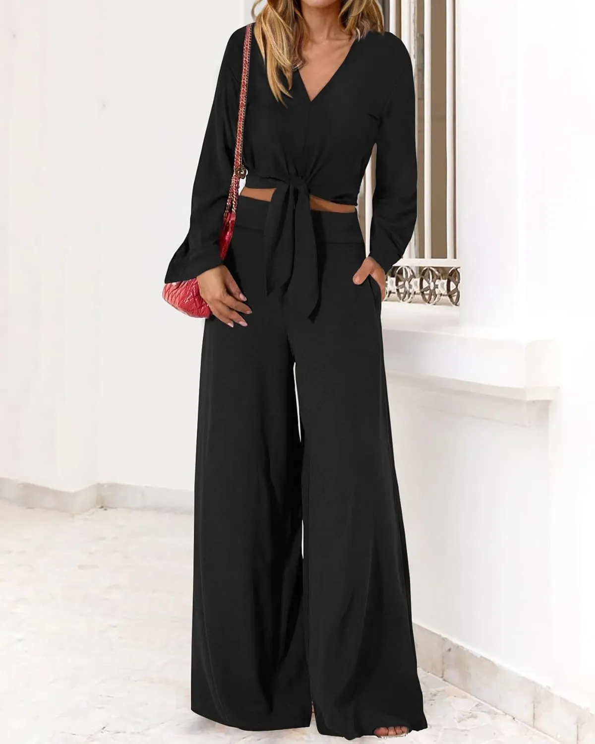 PRETTYGARDEN Women's 2 Piece Outfits 2025 Spring Casual V Neck Long Sleeve Strappy Crop Top Wide Leg Palazzo Pant Sets