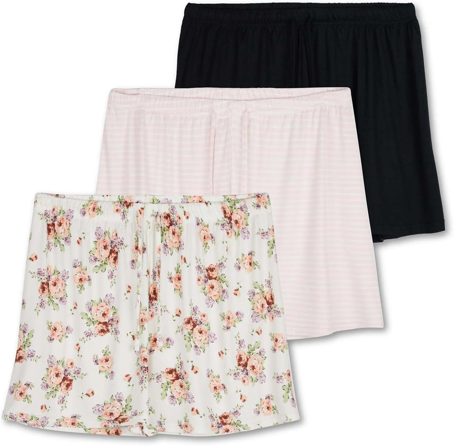 Real Essentials 3 Pack: Womens Ultra-Soft Comfy Stretch Pajama Lounge Shorts Elegant Sleepwear(Available In Plus Size)