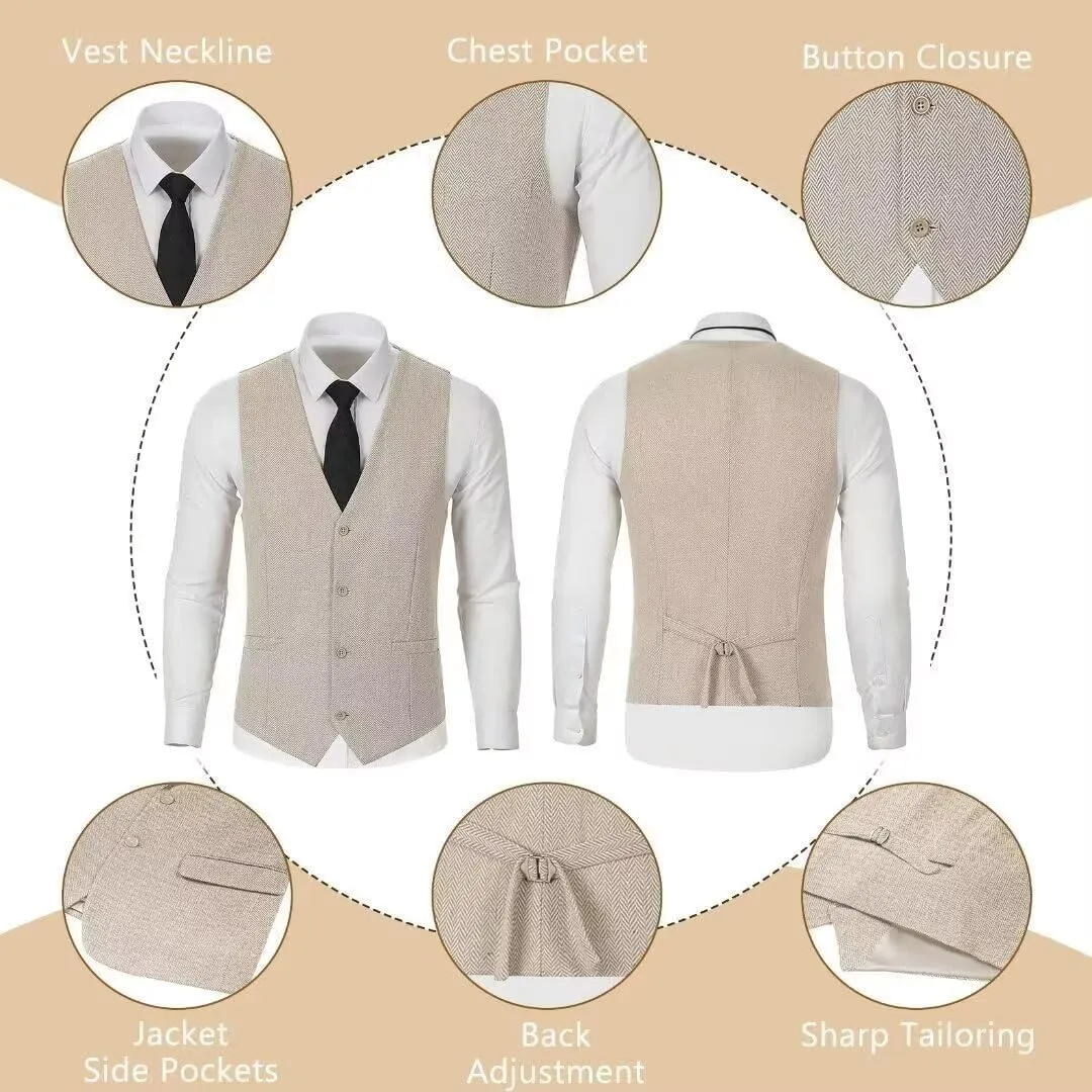 Retro Tweed Mens Suit Herringbone Slim Fit 2 Piece Men's Vest Sets Prom Wedding Waistcoat Vest Blazer Pants Groom