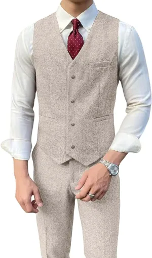 Retro Tweed Mens Suit Herringbone Slim Fit 2 Piece Men's Vest Sets Prom Wedding Waistcoat Vest Blazer Pants Groom