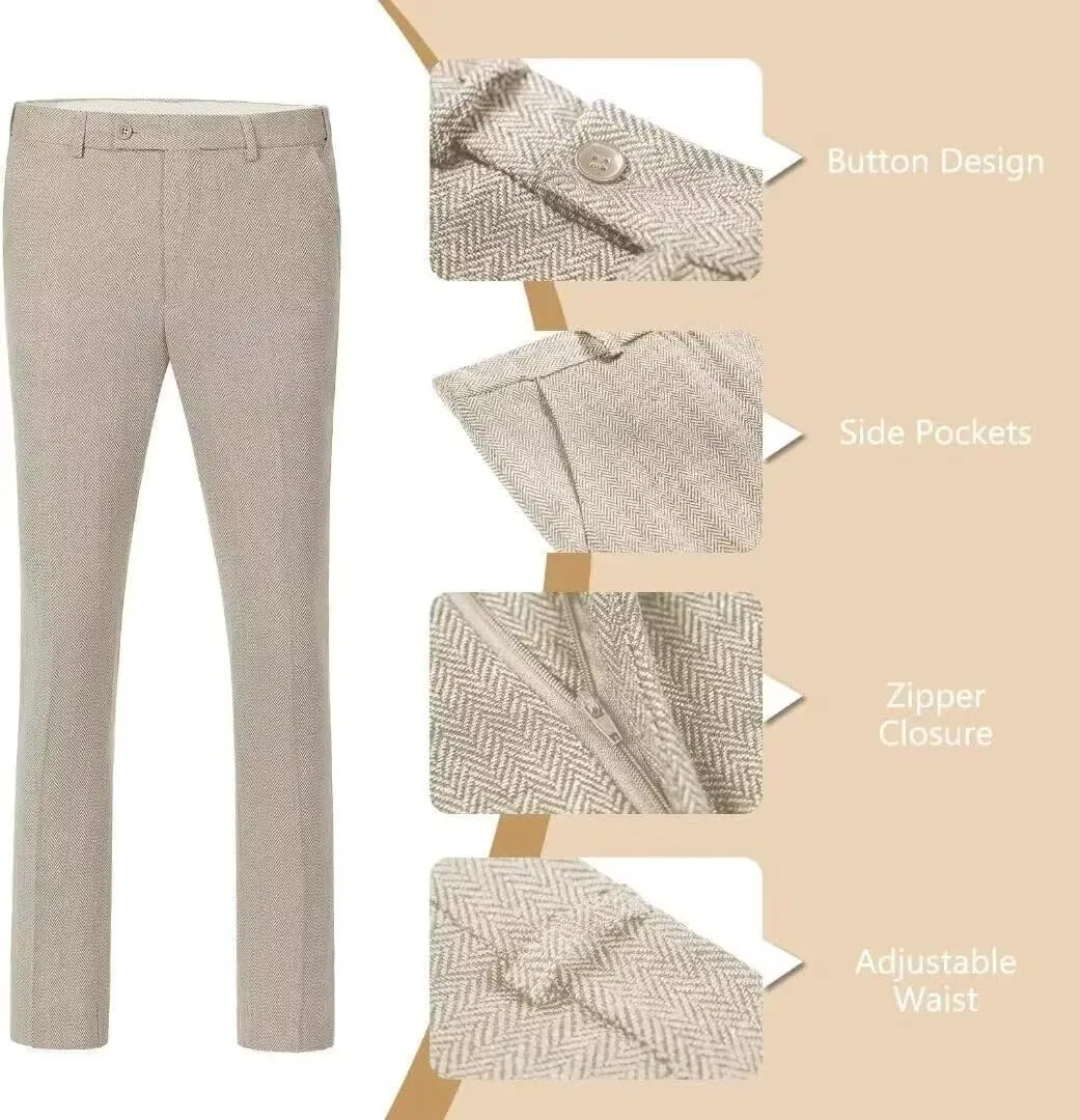 Retro Tweed Mens Suit Herringbone Slim Fit 2 Piece Men's Vest Sets Prom Wedding Waistcoat Vest Blazer Pants Groom