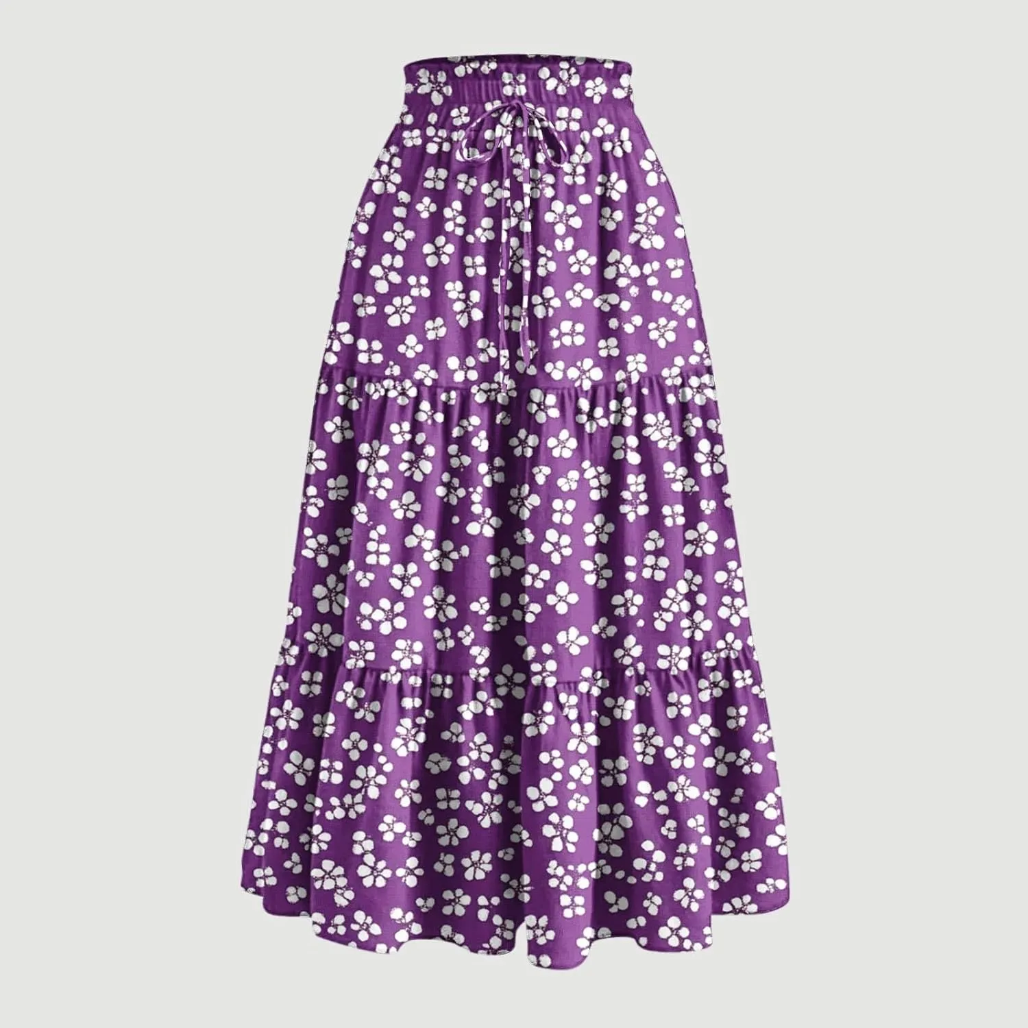 Ruffle Tiered Maxi Skirts for Women Summer Solid Elastic Waisted Skirt Casual Loose Fit Comfy Skirts with Drawstring