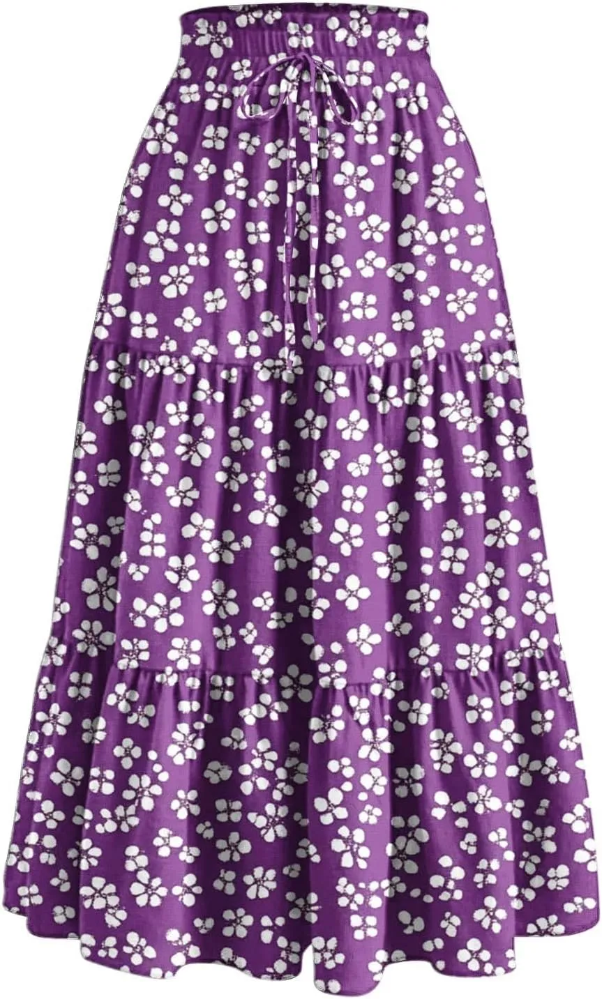 Ruffle Tiered Maxi Skirts for Women Summer Solid Elastic Waisted Skirt Casual Loose Fit Comfy Skirts with Drawstring