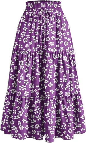 Ruffle Tiered Maxi Skirts for Women Summer Solid Elastic Waisted Skirt Casual Loose Fit Comfy Skirts with Drawstring