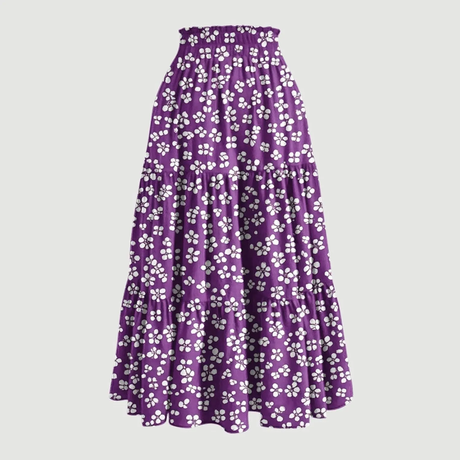 Ruffle Tiered Maxi Skirts for Women Summer Solid Elastic Waisted Skirt Casual Loose Fit Comfy Skirts with Drawstring