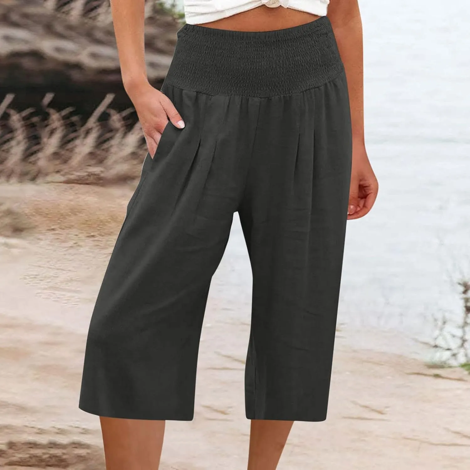 SMIDOW Capri Pants for Women Casual Summer Smocked Elastic High Waisted Linen Pant Solid Loose Wide Leg Capris Trousers