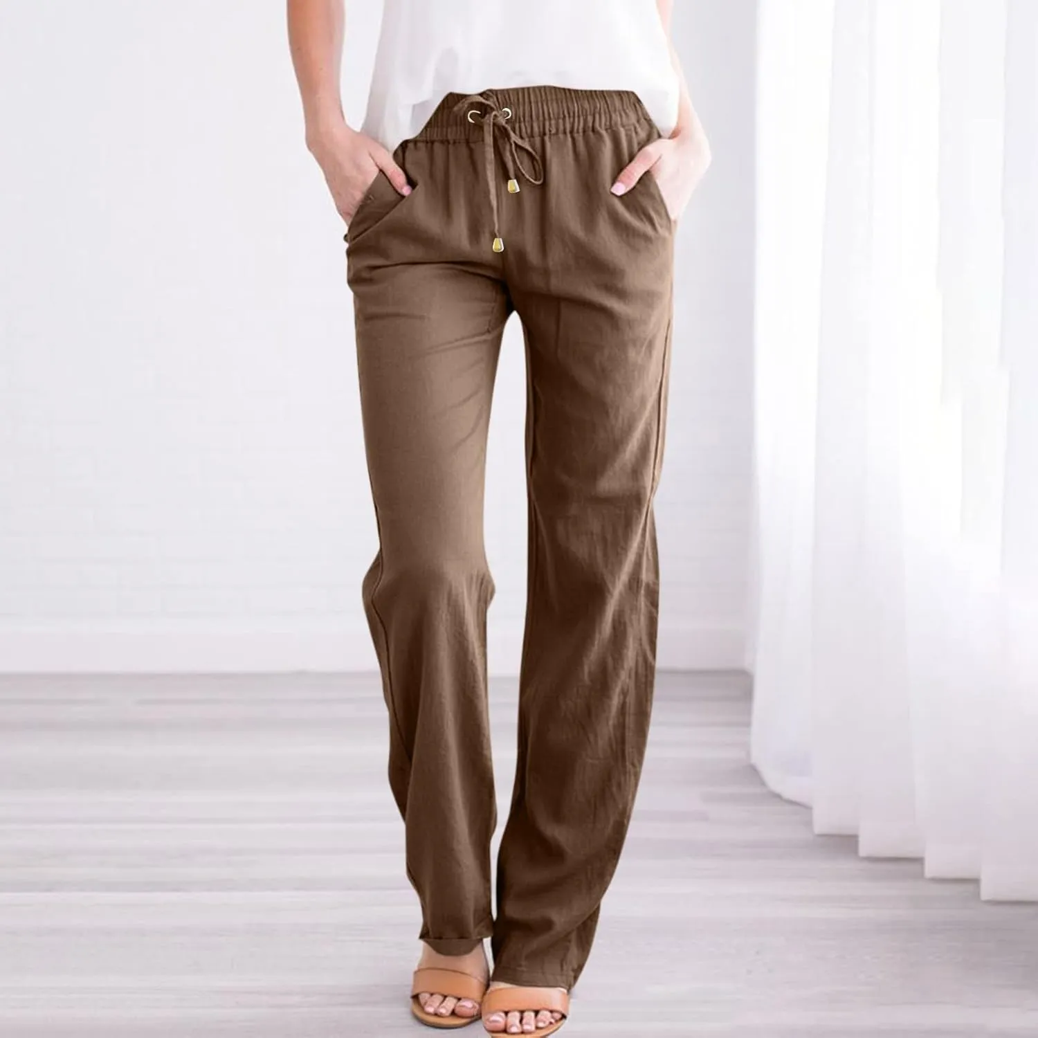 Straight Leg Linen Pants Women Summer Lightweight Drawstring Elastic High Waisted Lounge Pants Loose Work Trousers