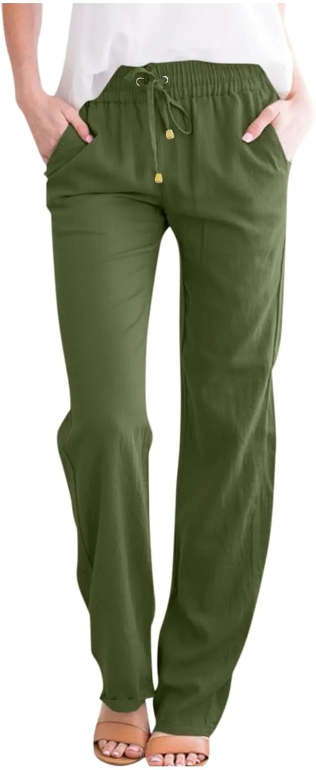 Straight Leg Linen Pants Women Summer Lightweight Drawstring Elastic High Waisted Lounge Pants Loose Work Trousers