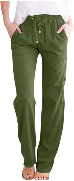 Straight Leg Linen Pants Women Summer Lightweight Drawstring Elastic High Waisted Lounge Pants Loose Work Trousers