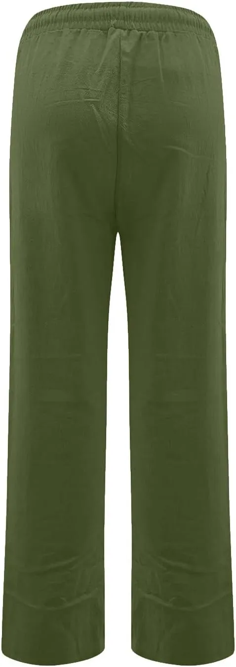 Straight Leg Linen Pants Women Summer Lightweight Drawstring Elastic High Waisted Lounge Pants Loose Work Trousers