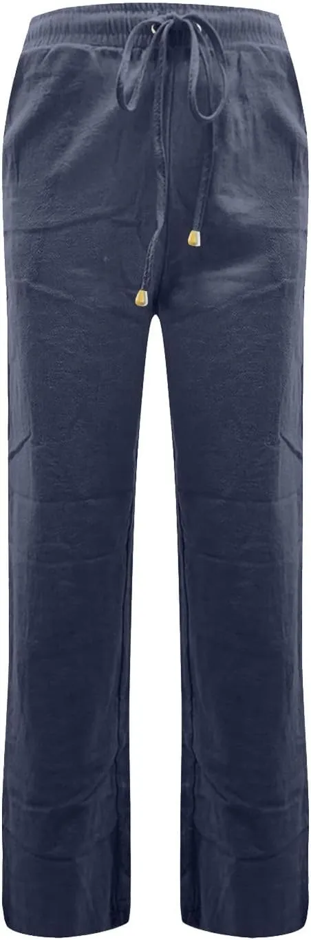 Straight Leg Linen Pants Women Summer Lightweight Drawstring Elastic High Waisted Lounge Pants Loose Work Trousers